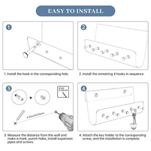 NiHome Silver Wall-Mounted Entryway Organizer - Mail Holder, Key Rack and Hanger with 5 Hooks for Home, Office, Hallway and Mudroom