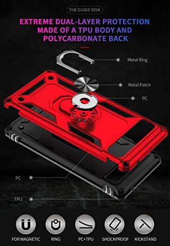 SunRemex for Google Pixel 6A Case with HD Screen Protector, [Not for Pixel 6/6 Pro Phone] Google 6A Case with Magnetic Ring Holder Kickstand,[Military Grade] Protective Phone Case (Red)