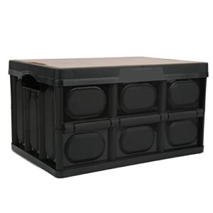 Alomejor 30L Collapsible Storage Box Crate with Lid Folding Storage Box with Wooden Cover Panel for Home Outdoor(Black)