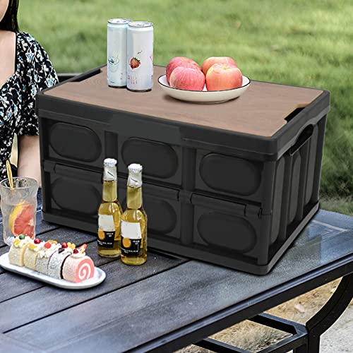 Alomejor 30L Collapsible Storage Box Crate with Lid Folding Storage Box with Wooden Cover Panel for Home Outdoor(Black)