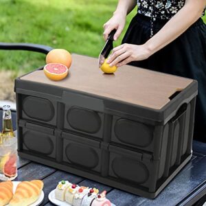 Alomejor 30L Collapsible Storage Box Crate with Lid Folding Storage Box with Wooden Cover Panel for Home Outdoor(Black)