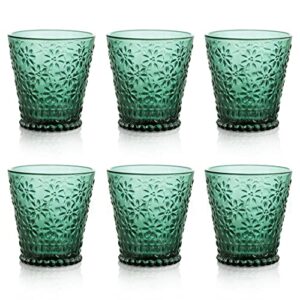 joeyan small water juice glass cups,vintage green colored drinking glasses,pretty embossed kitchen glassware set,cute floral cup for soda lemonade cocktail wine,6 pack,8.5 oz,dishwasher safe