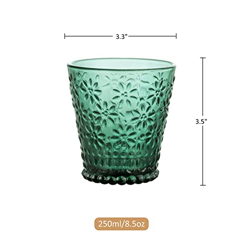 Joeyan Small Water Juice Glass Cups,Vintage Green Colored Drinking Glasses,Pretty Embossed Kitchen Glassware Set,Cute Floral Cup for Soda Lemonade Cocktail Wine,6 Pack,8.5 oz,Dishwasher Safe