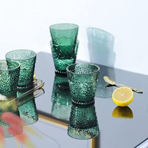 Joeyan Small Water Juice Glass Cups,Vintage Green Colored Drinking Glasses,Pretty Embossed Kitchen Glassware Set,Cute Floral Cup for Soda Lemonade Cocktail Wine,6 Pack,8.5 oz,Dishwasher Safe