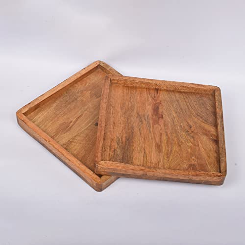 Samhita 2 Pcs Decorative Mango Wood Square Platter Food Serving Saucer, Tea, Fruit - Perfect for Dinners & Parties (8" x 8" x 0.75") (Set of 2)