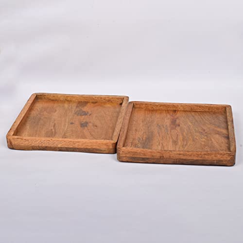 Samhita 2 Pcs Decorative Mango Wood Square Platter Food Serving Saucer, Tea, Fruit - Perfect for Dinners & Parties (8" x 8" x 0.75") (Set of 2)