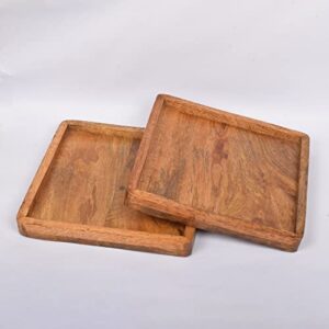 Samhita 2 Pcs Decorative Mango Wood Square Platter Food Serving Saucer, Tea, Fruit - Perfect for Dinners & Parties (8" x 8" x 0.75") (Set of 2)