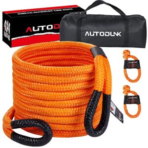 autodunk 1" x 30' kinetic recovery & tow rope (33,000lbs), with 2 soft shackles (33,000lbs) offroad recovery kit for 4wd pick up truck, suv, atv, utv (orange)