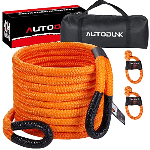 AutoDunk 1" x 30' Kinetic Recovery & Tow Rope (33,000lbs), with 2 Soft Shackles (33,000lbs) Offroad Recovery Kit for 4WD Pick Up Truck, SUV, ATV, UTV (Orange)