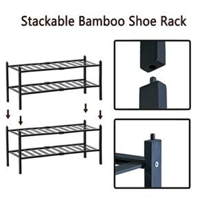 Dikolre Shoe Rack Organizer for Closet Entryway, 2-Tier Bamboo Stackable Shoe Rack Small Shoe Storage for Dorm Front Door Wooden Shoe Shelf, Black Brown