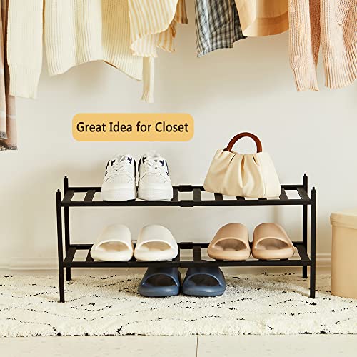 Dikolre Shoe Rack Organizer for Closet Entryway, 2-Tier Bamboo Stackable Shoe Rack Small Shoe Storage for Dorm Front Door Wooden Shoe Shelf, Black Brown