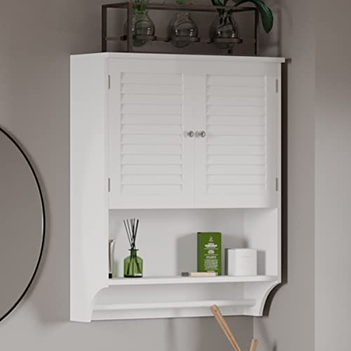 Lavish Home Wall-Mounted Bathroom Organizer – Medicine Cabinet or Over-The-Toilet Storage with Stylish Shutter Doors and Towel Bar, White