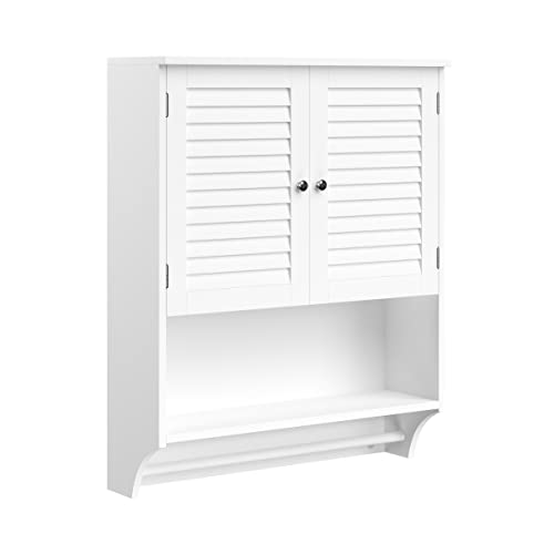 Lavish Home Wall-Mounted Bathroom Organizer – Medicine Cabinet or Over-The-Toilet Storage with Stylish Shutter Doors and Towel Bar, White