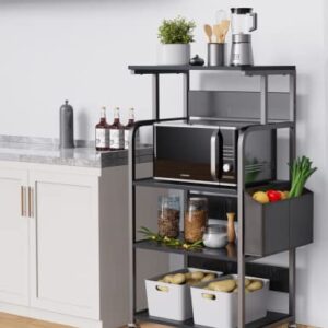 4-Tier Home Kitchen Standing Shelf Cart W/ Storage and Lockable Wheels, Tall Mobile Rolling Rack with Large Storage Space for Home Kitchen, Versatile, Durable - Black