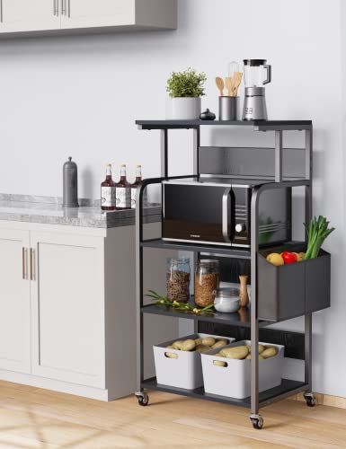 4-Tier Home Kitchen Standing Shelf Cart W/ Storage and Lockable Wheels, Tall Mobile Rolling Rack with Large Storage Space for Home Kitchen, Versatile, Durable - Black