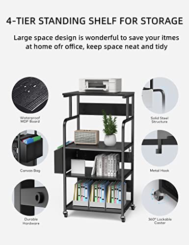 4-Tier Home Kitchen Standing Shelf Cart W/ Storage and Lockable Wheels, Tall Mobile Rolling Rack with Large Storage Space for Home Kitchen, Versatile, Durable - Black