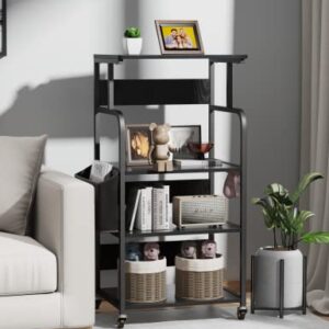 4-Tier Home Kitchen Standing Shelf Cart W/ Storage and Lockable Wheels, Tall Mobile Rolling Rack with Large Storage Space for Home Kitchen, Versatile, Durable - Black