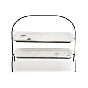 demdaco snow day classic white and black stoneware and iron 2-tier christmas serving tray