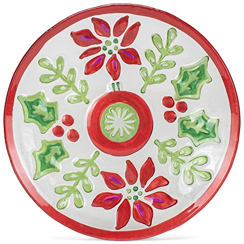 DEMDACO Festive Holly Red and Green 11 Inch Glass Christmas Round Serving Plate Platter