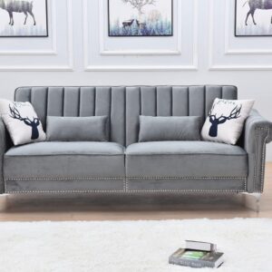 Legend Vansen Loveseat Tight Back Convertible Velvet Sofa Sleeper Living Room and Bedroom Sofabed, 85'' Wide, Grey