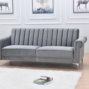 Legend Vansen Loveseat Tight Back Convertible Velvet Sofa Sleeper Living Room and Bedroom Sofabed, 85'' Wide, Grey