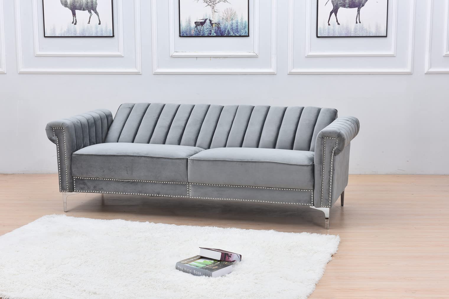 Legend Vansen Loveseat Tight Back Convertible Velvet Sofa Sleeper Living Room and Bedroom Sofabed, 85'' Wide, Grey