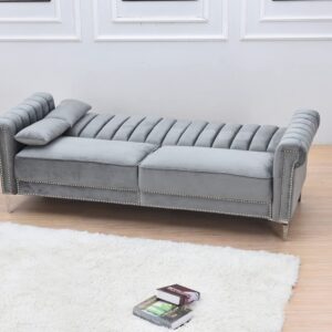 Legend Vansen Loveseat Tight Back Convertible Velvet Sofa Sleeper Living Room and Bedroom Sofabed, 85'' Wide, Grey
