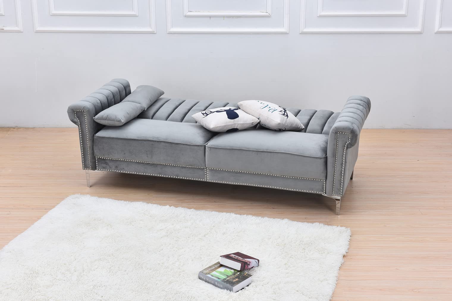 Legend Vansen Loveseat Tight Back Convertible Velvet Sofa Sleeper Living Room and Bedroom Sofabed, 85'' Wide, Grey