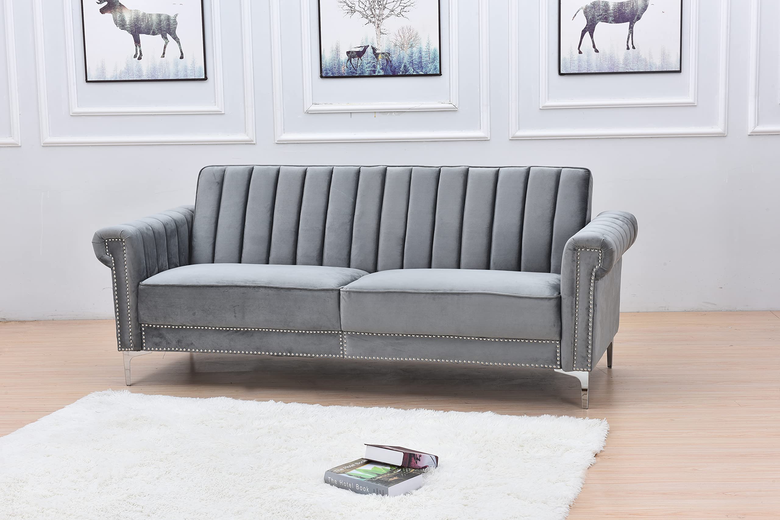 Legend Vansen Loveseat Tight Back Convertible Velvet Sofa Sleeper Living Room and Bedroom Sofabed, 85'' Wide, Grey