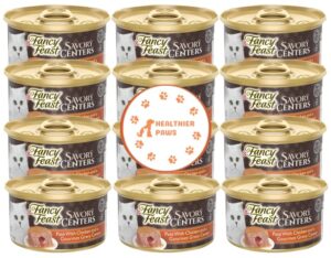 healthier paws fancy feast pate wet cat food, savory centers pate with chicken and a gourmet gravy center 3 oz. 12 cans sticker plus colorful plush ball cat toy