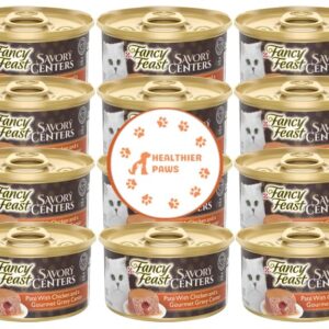 Healthier Paws Fancy Feast Pate Wet Cat Food, Savory Centers Pate with Chicken and a Gourmet Gravy Center 3 oz. 12 Cans Sticker Plus Colorful Plush Ball Cat Toy