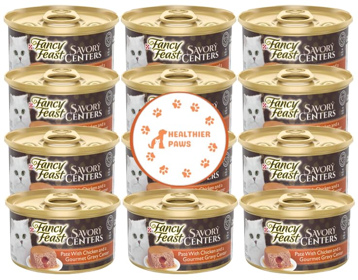 Healthier Paws Fancy Feast Pate Wet Cat Food, Savory Centers Pate with Chicken and a Gourmet Gravy Center 3 oz. 12 Cans Sticker Plus Colorful Plush Ball Cat Toy