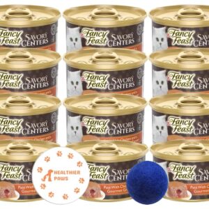 Healthier Paws Fancy Feast Pate Wet Cat Food, Savory Centers Pate with Chicken and a Gourmet Gravy Center 3 oz. 12 Cans Sticker Plus Colorful Plush Ball Cat Toy