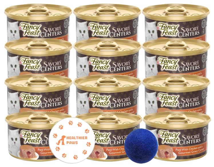 Healthier Paws Fancy Feast Pate Wet Cat Food, Savory Centers Pate with Chicken and a Gourmet Gravy Center 3 oz. 12 Cans Sticker Plus Colorful Plush Ball Cat Toy