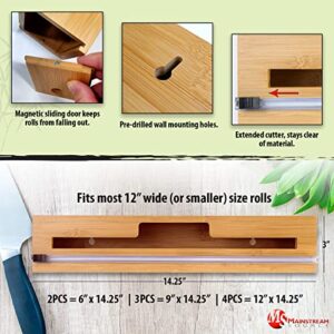 Mainstream Source® Bamboo Wrap Dispensers – Foil and Plastic Wrap Organizer Set for 12 Inch with Extended Cutters and Labels, Works as Foil, Plastic Wrap, Parchment, or Wax Paper Holder (1pc)