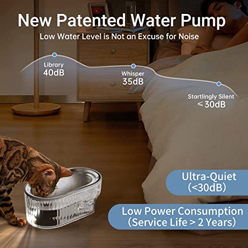 Cat Water Fountain - 304 Stainless Steel Tray, Ultra-Quiet Pump, Emergency Water Storage, Transparent Water Tank with Water Level Indicato, 84oz/2.5L, Oval Design Suitable for a Variety of Pets