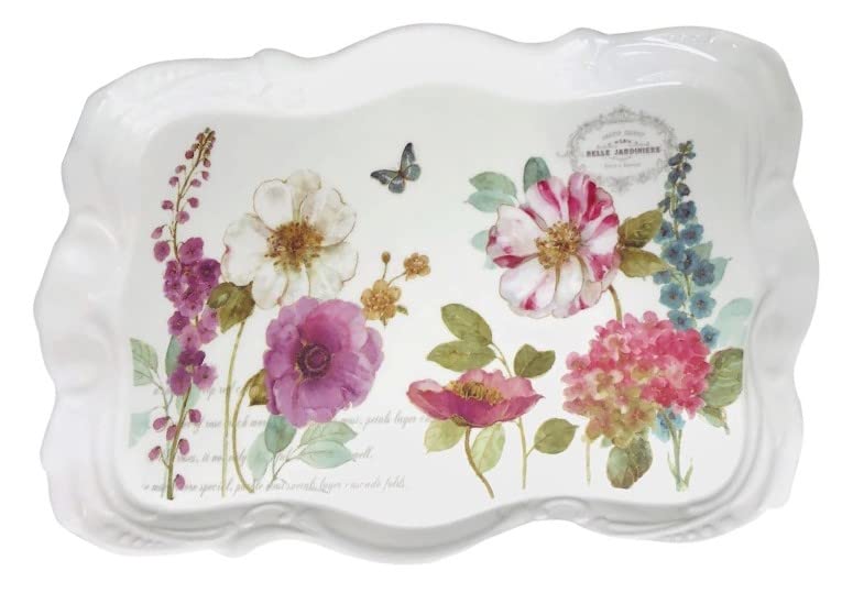 14.7x9.7 Medium Melamine Serving Tray for Eating Melamine Serving Platter Plastic Serving Tray with Handles Floral Resin Breakfast Tray for Veggie Cupcakes Outdoor Medium Serving Tray with Prints