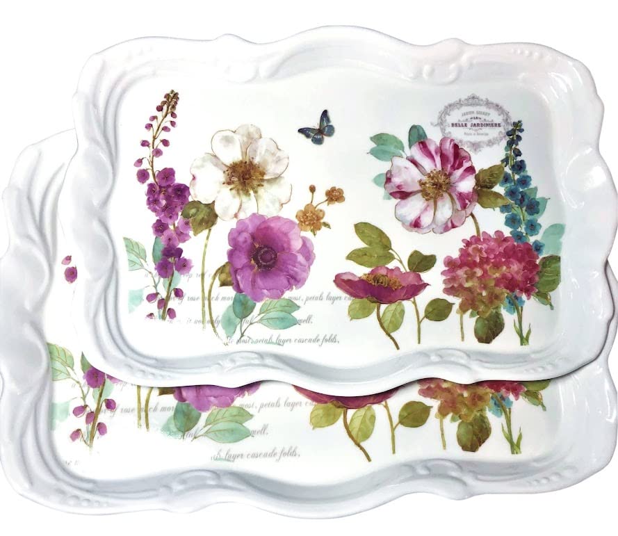 14.7x9.7 Medium Melamine Serving Tray for Eating Melamine Serving Platter Plastic Serving Tray with Handles Floral Resin Breakfast Tray for Veggie Cupcakes Outdoor Medium Serving Tray with Prints