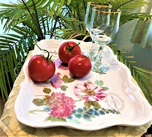 14.7x9.7 Medium Melamine Serving Tray for Eating Melamine Serving Platter Plastic Serving Tray with Handles Floral Resin Breakfast Tray for Veggie Cupcakes Outdoor Medium Serving Tray with Prints