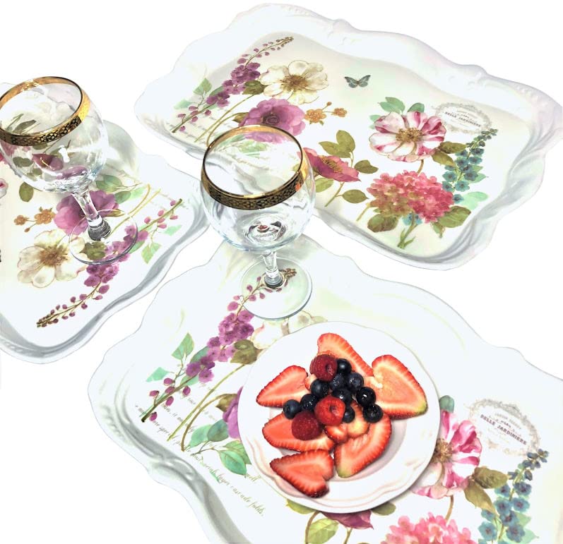 14.7x9.7 Medium Melamine Serving Tray for Eating Melamine Serving Platter Plastic Serving Tray with Handles Floral Resin Breakfast Tray for Veggie Cupcakes Outdoor Medium Serving Tray with Prints