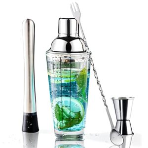 4 pcs glass cocktail shaker, 14 oz martini glass shaker cup, with measuring jigger mixing spoon muddler,for kitchens, bars, coffee shops, hotels, clubs, can make cocktails, juices ete.