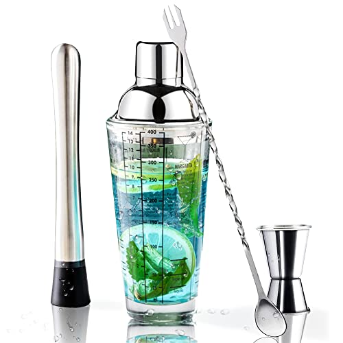 4 Pcs Glass Cocktail Shaker, 14 oz Martini Glass Shaker Cup, with Measuring Jigger Mixing Spoon Muddler,for Kitchens, Bars, Coffee Shops, Hotels, Clubs, Can Make Cocktails, juices ETE.