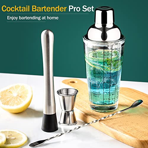 4 Pcs Glass Cocktail Shaker, 14 oz Martini Glass Shaker Cup, with Measuring Jigger Mixing Spoon Muddler,for Kitchens, Bars, Coffee Shops, Hotels, Clubs, Can Make Cocktails, juices ETE.