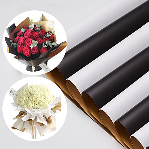 40 Sheets Double Sided Rose Wrapping Paper, 23"x23" Waterproof Gift Bouquets Packaging Papers, White Gold & Black Gold Floral Wrapping Paper Set Thick Florist Bouquet Wraps Supplies for Festival Party