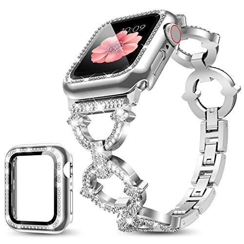 Mesime Compatible with Apple Watch Band 38mm 40mm 41mm 42mm 44mm 45mm , Women Girl Bling Diamond Jewelry Metal Strap Bands with Crystal Tempered Glass Screen Protector Case, Round Shiny Bracelet Wristband for iWatch Series 7/6/5/4/3/2/1/SE (Silver)