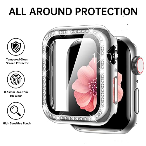 Mesime Compatible with Apple Watch Band 38mm 40mm 41mm 42mm 44mm 45mm , Women Girl Bling Diamond Jewelry Metal Strap Bands with Crystal Tempered Glass Screen Protector Case, Round Shiny Bracelet Wristband for iWatch Series 7/6/5/4/3/2/1/SE (Silver)