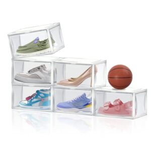 nimluxe shoes storage boxes,6pack sneaker shoe boxes clear plastic stackable,shoe organizer boxes with magnetic side opening lids, display case shoe container boxes fit shoe size up to us 15