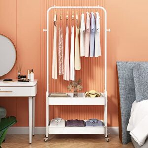 dyrabrest simple design 2-in 1 garment rack with wheels clothing rack with 2 tier metal basket clothes organizer rack laundry cart with hanging rack for home bedroom (white)