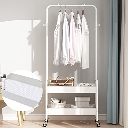 DYRABREST Simple Design 2-In 1 Garment Rack with Wheels Clothing Rack With 2 Tier Metal Basket Clothes Organizer Rack Laundry Cart with Hanging Rack for Home Bedroom (White)