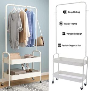 DYRABREST Simple Design 2-In 1 Garment Rack with Wheels Clothing Rack With 2 Tier Metal Basket Clothes Organizer Rack Laundry Cart with Hanging Rack for Home Bedroom (White)